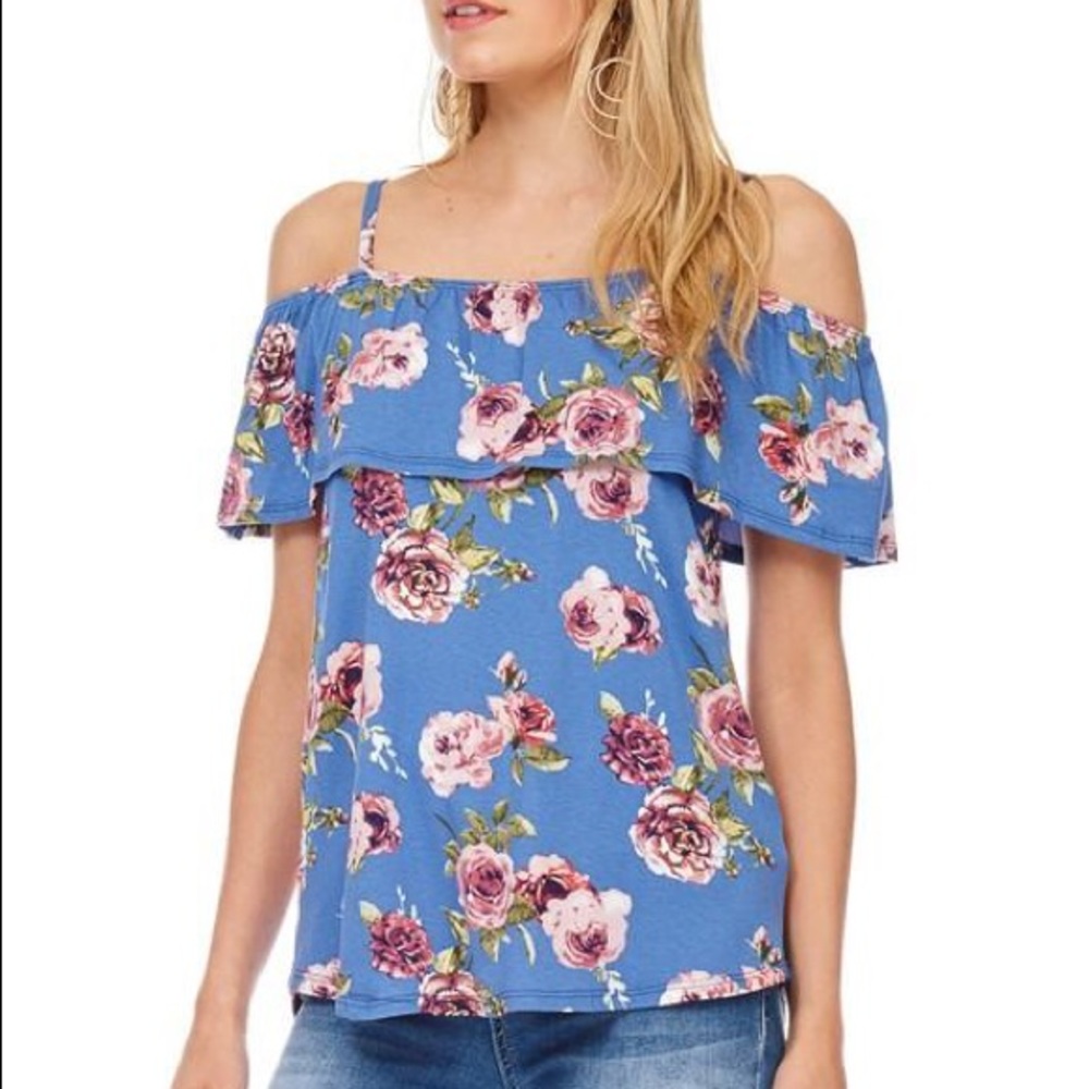 Spaghetti Strap Off Shoulder Floral Top in Blue - Picture 3 of 3
